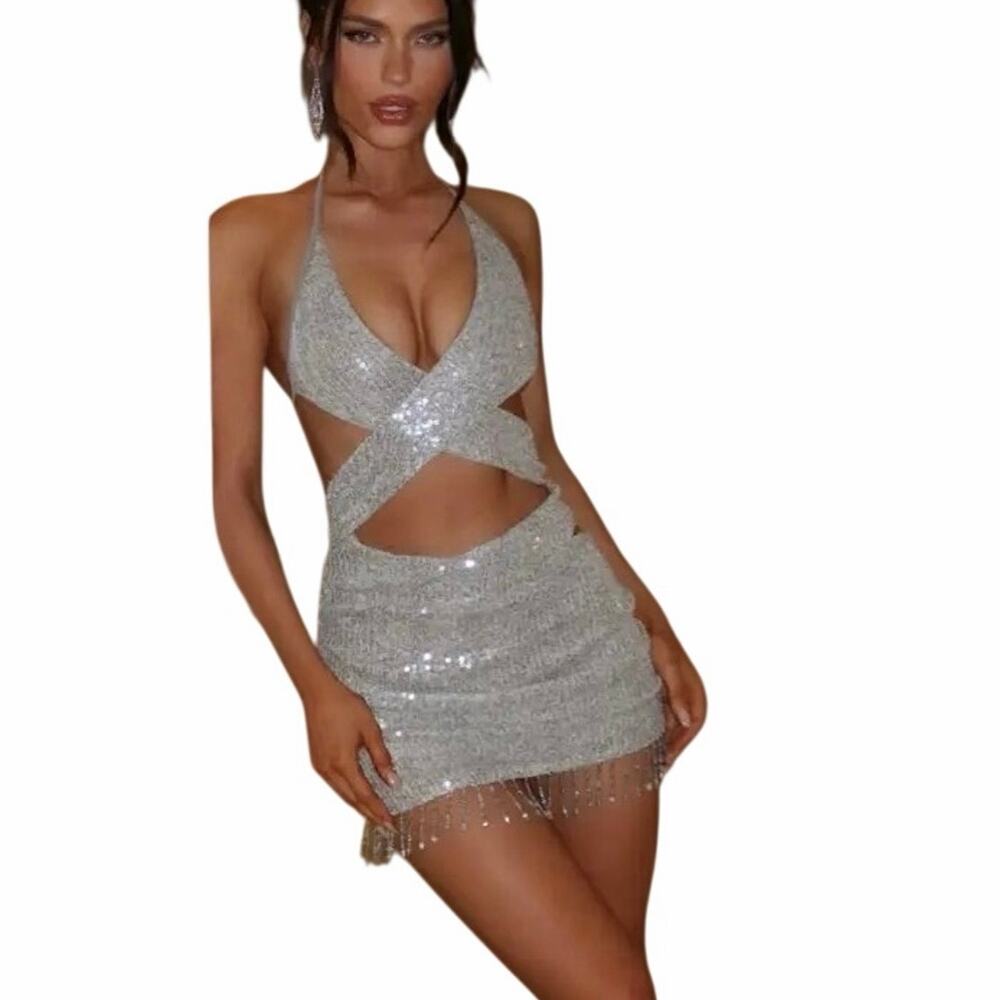 Outcast Alondra Sequin Mini Dress L Silver Fringe Cutout Party Club Festival NWT